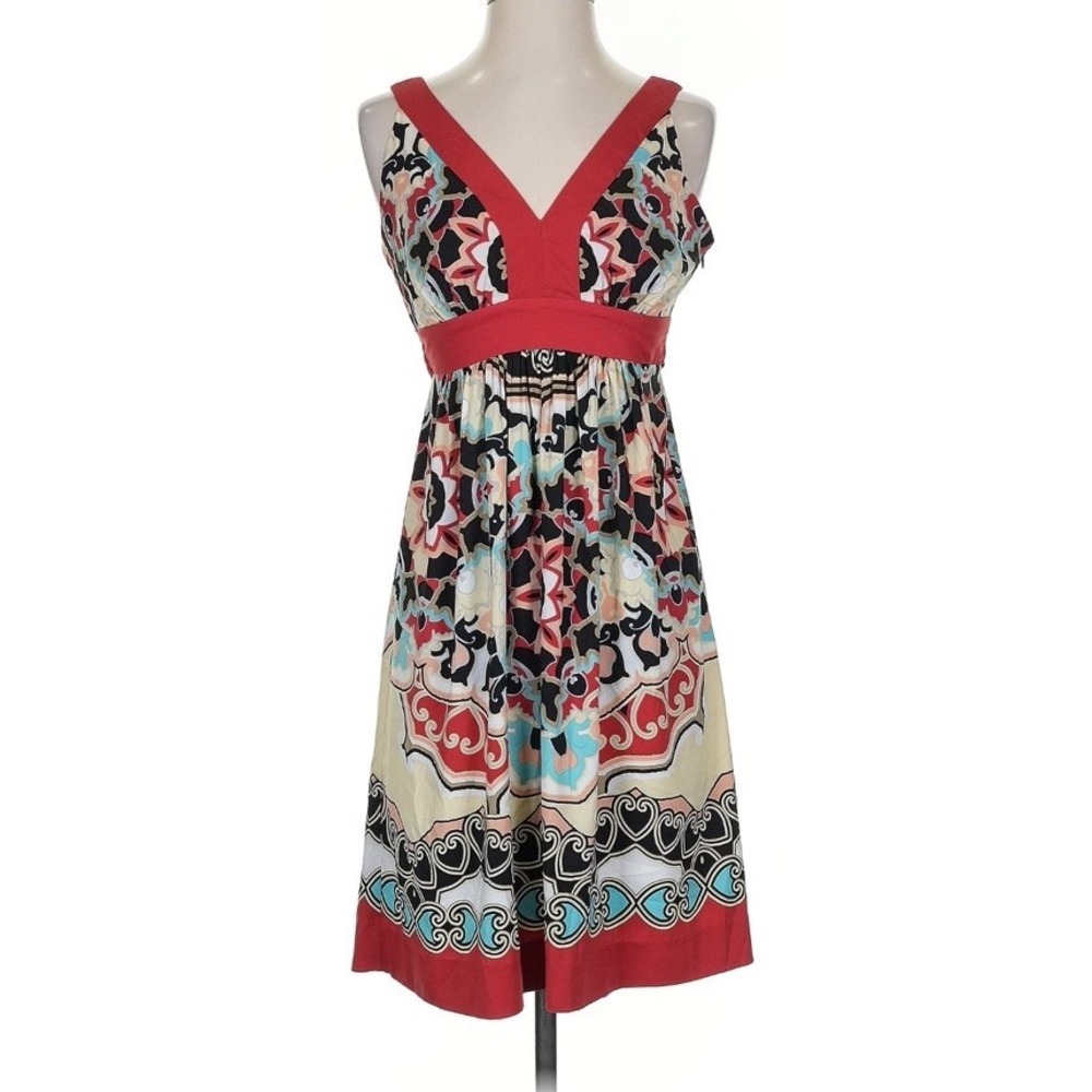Trulli Red Floral Hearts V neck Dress Size 2 Sleeveless Tie Back Zip Side